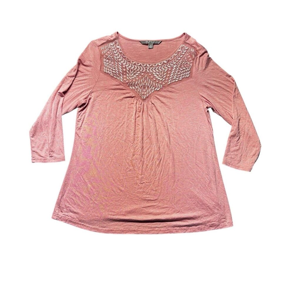 Valerie Stevens Womens Pink Embroidered Knit Top 3/4 Sleeve Scoop Neck Size M